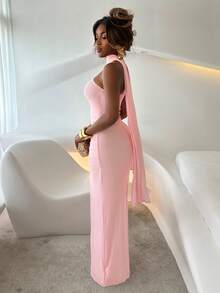 Mariisbox Asymmetric Ruched Bodycon Mesh Dress, Elegant Sexy Formal Gown For Party, Wedding, Birthday, Christmas, Halloween - Light Yellow Summer - Baby Pink - View 3