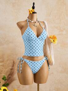 Swim Mod Summer Sweet Cherry Plaid Tank Bikini Set - Mint Green - View 12