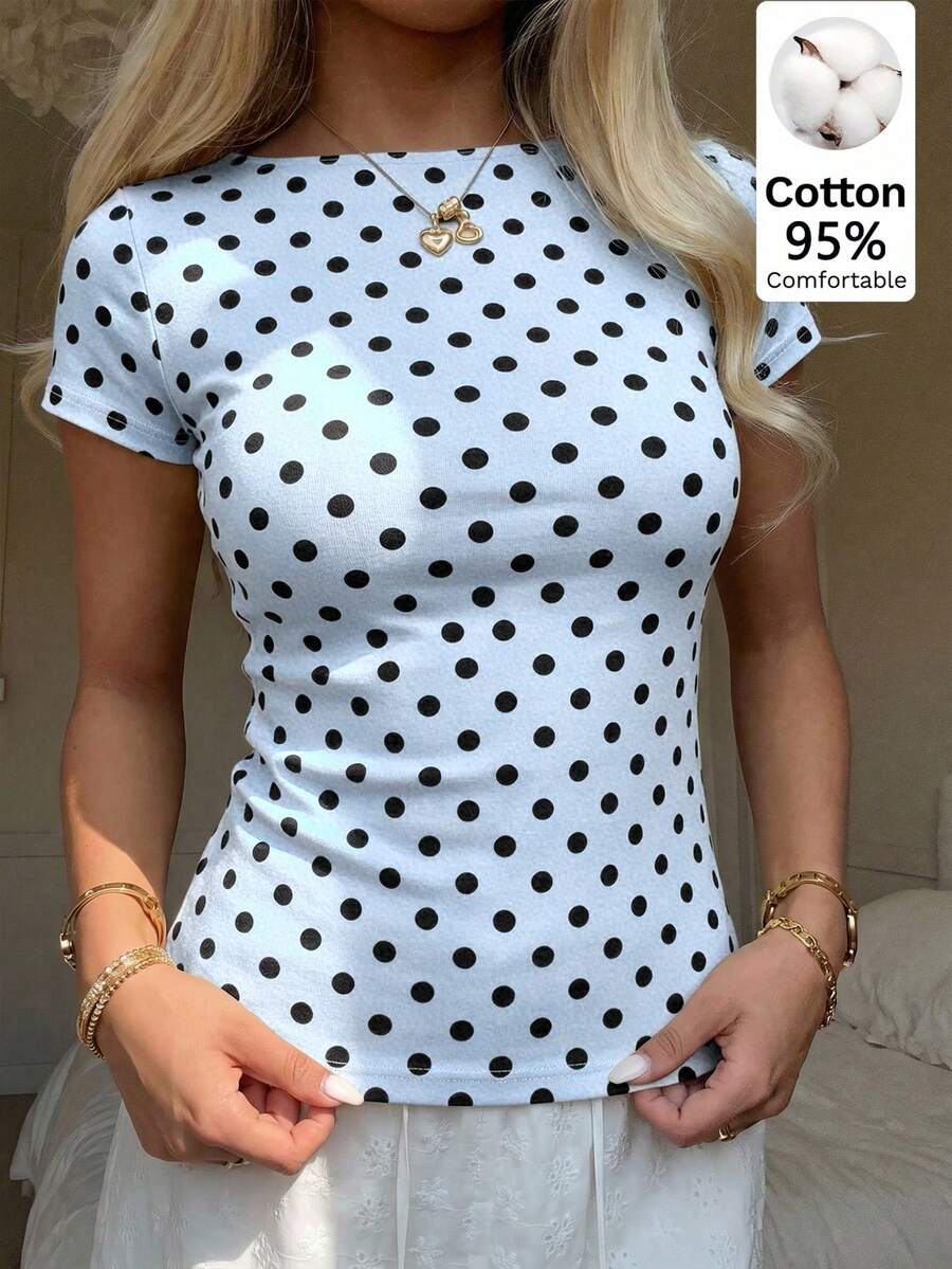 CovetEZ 休閒極簡風 95% 棉性感露肩奶油藍條紋短袖 T-shirt,適合春夏季節,春夏穿搭,奶油藍條紋顯白,夏季上衣,適合日常通勤、約會、聚會,秋冬/夏季,聖誕節、新年、感恩節、派對、婚禮、海灘、畢業典禮,時尚 - 彩色 - 查看 1