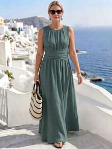 Linhara CURVE Vestido Casual Sem Mangas para Mulheres Plus Size, Uso Diário, Férias, Pastoral e Praia - Verde Oliva - Visão 5