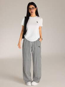 SHEIN PETITE 2pcs/Set Casual Pony Logo Printed Round Neck Short Sleeve Top And Striped Print Pants Striped Outfits White T-Shirt Striped Pants ,Petite Women - Multicolor - View 4