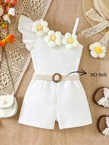 SHEIN Playful Pals 女嬰優雅3D花朵不對稱領口上衣 + 白色休閒時尚短褲 2件套 - 白色 - 查看 6