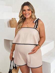 Plussiva Mono corto de tirantes para maternidad talla grande con ribete de bloques de color - Caqui - Ver 6