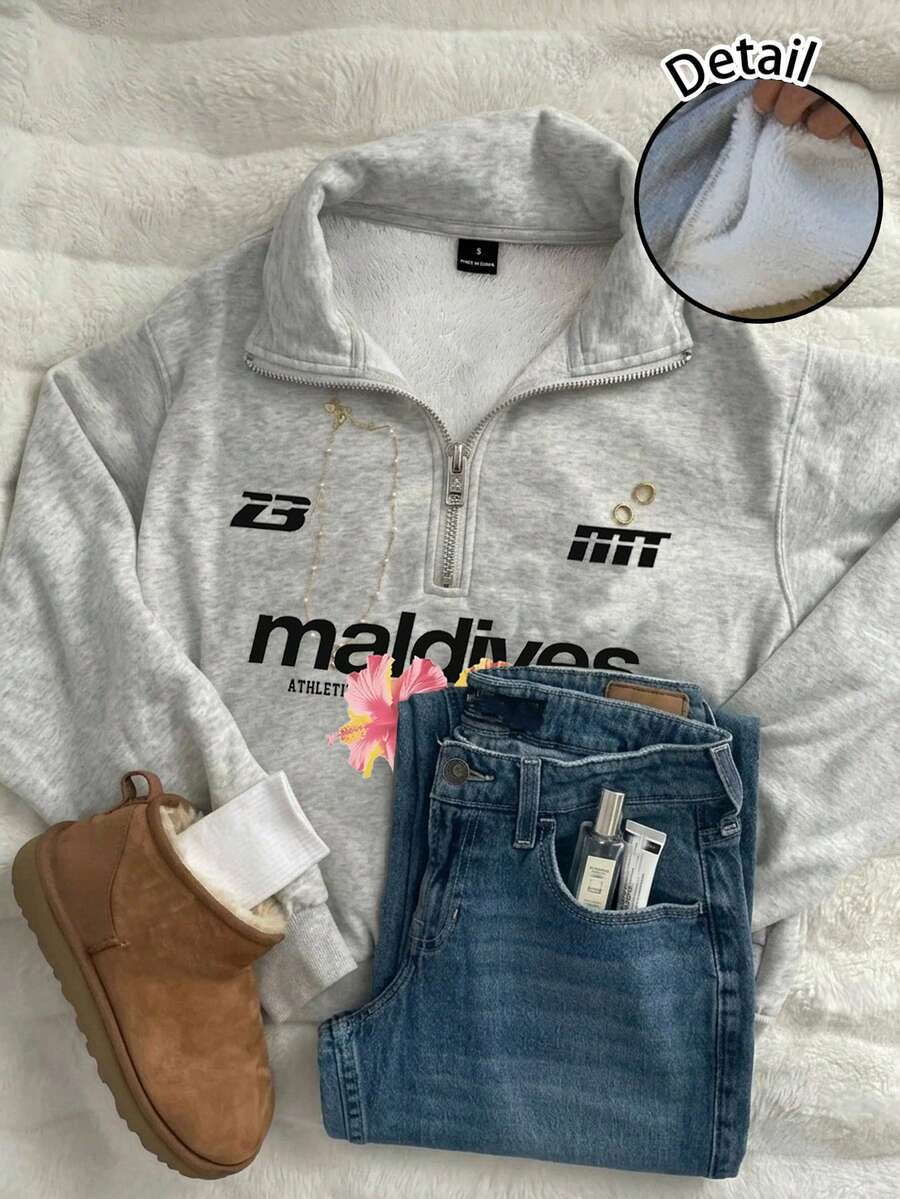 Attitoon Casual Minimalist Vacation Style Women's Loose Half-Zip High Neck Fleece Sweatshirt Suitable For Autumn/Winter And Spring/Summer Beach Outfits - Grey - View 1