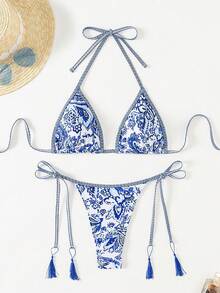 SHEIN Swim 佩斯利印花两件套比基尼套装，夏日海滩 - 藍白色 - 查看 1
