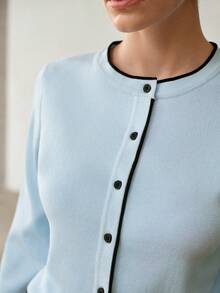 MOTF PREMIUM WOMEN'S AUTUMN/WINTER CONTRAST TRIM SINGLE-BREASTED LIGHTWEIGHT KNIT CARDIGAN - White - View 3