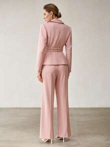 MOTF PREMIUM WOMEN'S SOLID COLOR DOUBLE BELT SLIM FIT COMMUTER JACKET AND PANTS 2 PIECES SET - Pink - View 6