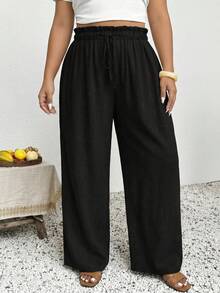 SHEIN Tall CURVE 大码女式纯色荷叶边腰带休闲裤 - 黑色 - 查看 5