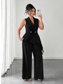Elenzga Women's Plus Size Solid Color V-Neck Asymmetrical Hem Top And Pants Fashion Minimalist 2-Piece Set - Black - View 7