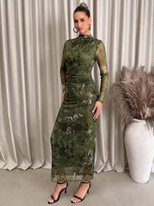 Lavishia 女款時尚豹紋動物印花修身百褶洋裝，動物紋理網格印花洋裝，印花設計；適合波希米亞風、度假、休閒、海灘、返校穿著，網格海灘洋裝，適用嘉年華、音樂節 - 杏色 - 查看 6