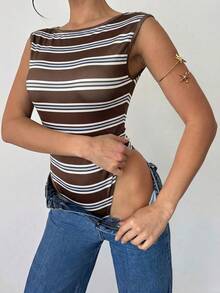 Firerie Women's Striped Fashion Contrast Color Fitted Backless Bodysuit - Multicolor - View 6