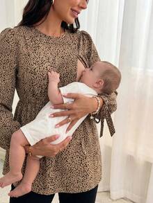 Boho Mama 孕妇休闲哺乳衬衫，孕妇长袖蝴蝶结纽扣衬衫 - 卡其色 - 查看 3