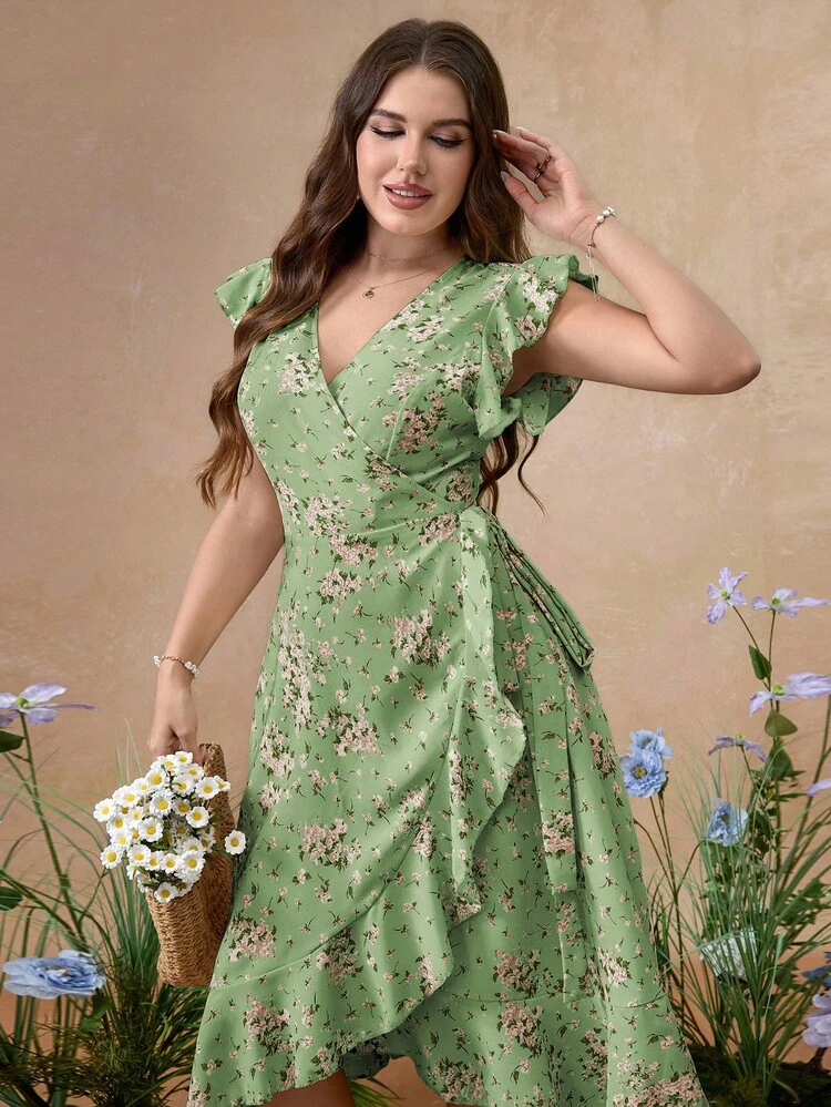 Roveilla Plus Size Ruffle Trim Cap Sleeve Ditsy Ditsy Floral