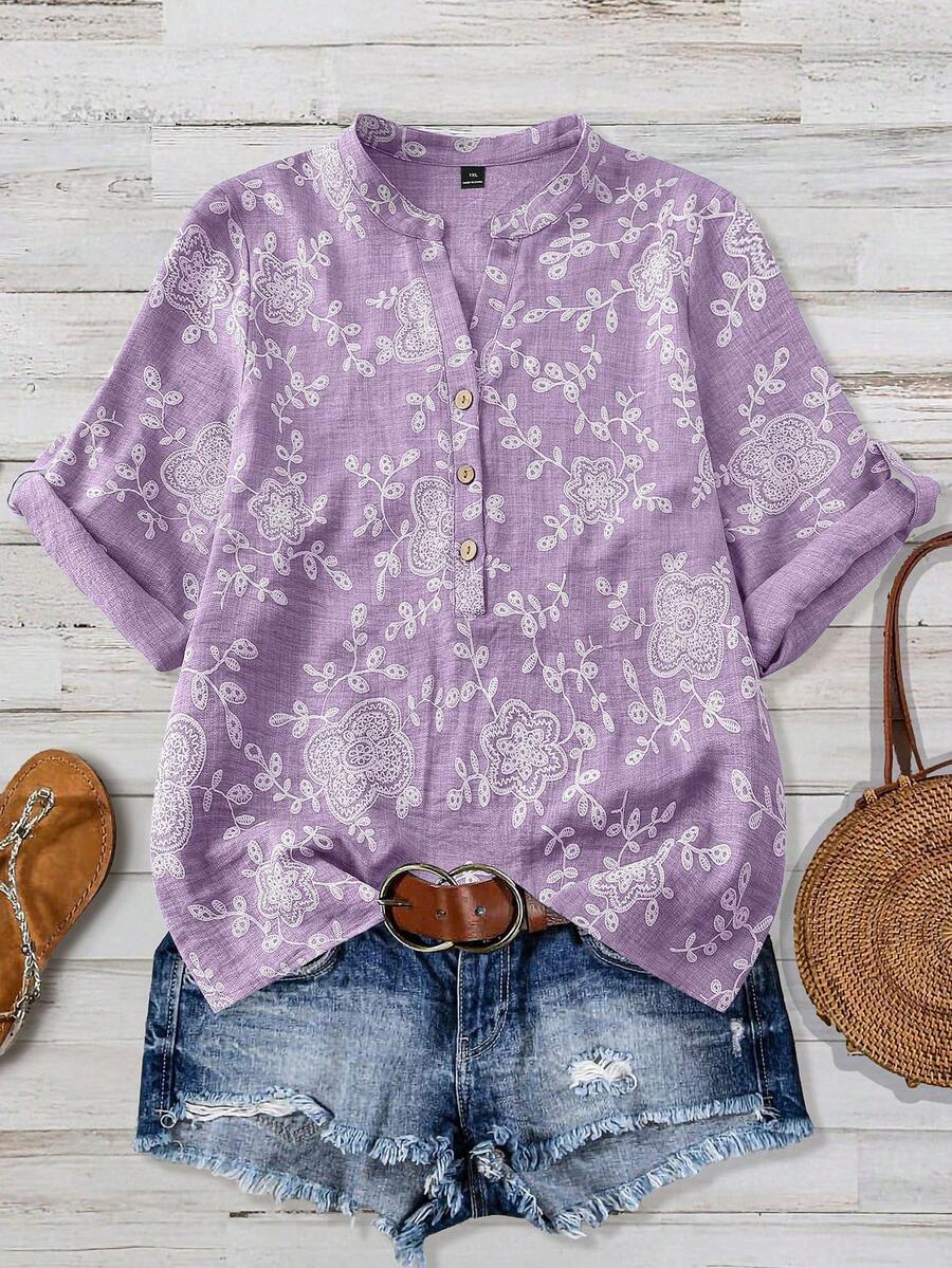 Linhara Áo blouse tay lỡ họa tiết phong cách thường ngày thanh lịch cho dân công sở, size lớn, xuân/hè/thu - Màu tím - Xem 1