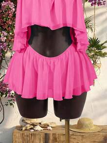 SaltGleam SaltGleam Sexy Summer Beach Club Vacation Backless Camisole Top With Beaded Decor, Asymmetrical Hem, Double Layer Flowy Ruffle Trim, Paired With Skirt - Hot Pink - View 5