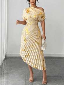 Roveilla Damen-Sommerkleid in Große Größen, elegant und raffiniert, mit asymmetrischer Schulter, Goldfolien-Plissee, Champagner-Gold, metallischem Glanz, asymmetrischem Ausschnitt, 2026 Sommerkleid, neues Kleid - Aprikosenfarben - Übersicht 10