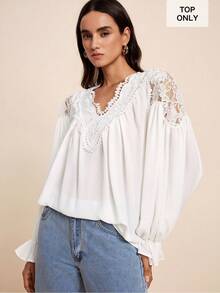 LOTSLUV Women's Summer Vacation Elegant White Shirt Fabric Contrast Lace And V-Neck Ruffle Long Sleeve Romantic Blouse,Elegant Blouses ,White Blouse,Pretty - White - View 1