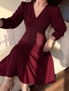 Feyla Women's Pleated Lace Patchwork Elegant Dress - Burgundy - View 3