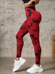 SHEIN Core Rhythm 女款高腰拼色休閒百搭日常穿著運動緊身內搭褲 - 紅色 - 查看 5