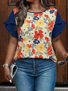 EMERY ROSE Camisa casual de vacaciones para mujer talla grande con estampado de colores contrastantes y mangas de pétalos para primavera/verano - Azul - Ver 4