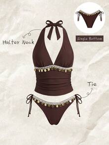 Elavelle Women's Spring/Summer Solid Color Lace Bikini Bottom Beach Brown Boho Lace - Brown - View 1