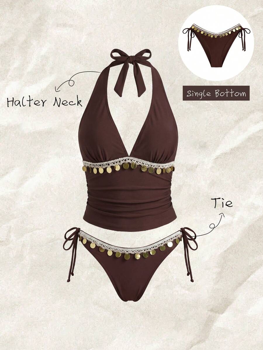 Elavelle Women's Spring/Summer Solid Color Lace Bikini Bottom Beach Brown Boho Lace - Brown - View 1