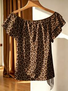 Franclia Plus-Size French-Style Off-The-Shoulder Striped Top With Ruffles - Brown - View 2