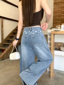 FRIFUL Women's Casual Washed Wide Leg Jeans Cute Tops Everyday Date Light Blue Summer - Blue - View 5