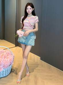DAZY 女款夏季V領彩虹漸層條紋交叉裹身修身短版休閒婚禮針織上衣 - 彩色 - 查看 11