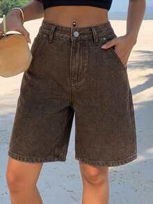 DAZY Women's Cat Whisker Faded Straight Leg Denim Shorts Summer Y2K - Brown - View 1