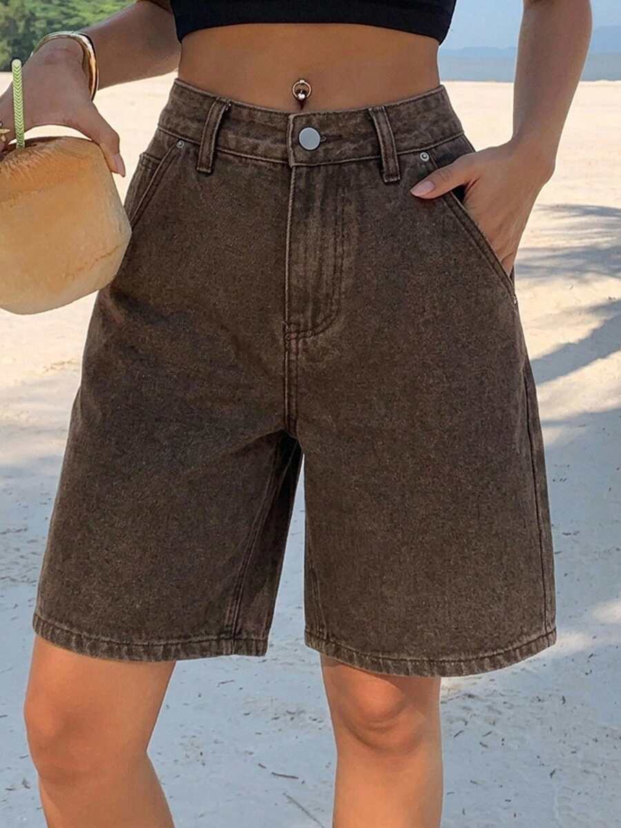 DAZY Women's Cat Whisker Faded Straight Leg Denim Shorts Summer Y2K - Brown - View 1