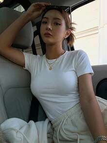 DAZY Women's Solid Color Crew Neck Fitted Short Sleeve Undershirt Summer Preppy Tops - White - View 5