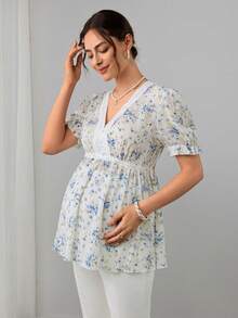SHEIN قميص مريح بطبعة زهور صغيرة للحوامل - الأزرق - مشاهدة 5