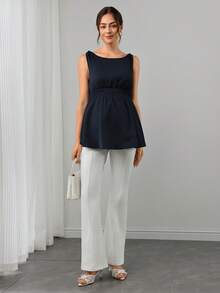 Momance Maternity Solid Color Shoulder Tie Waist Shirred Tank Top - Navy Blue - View 5