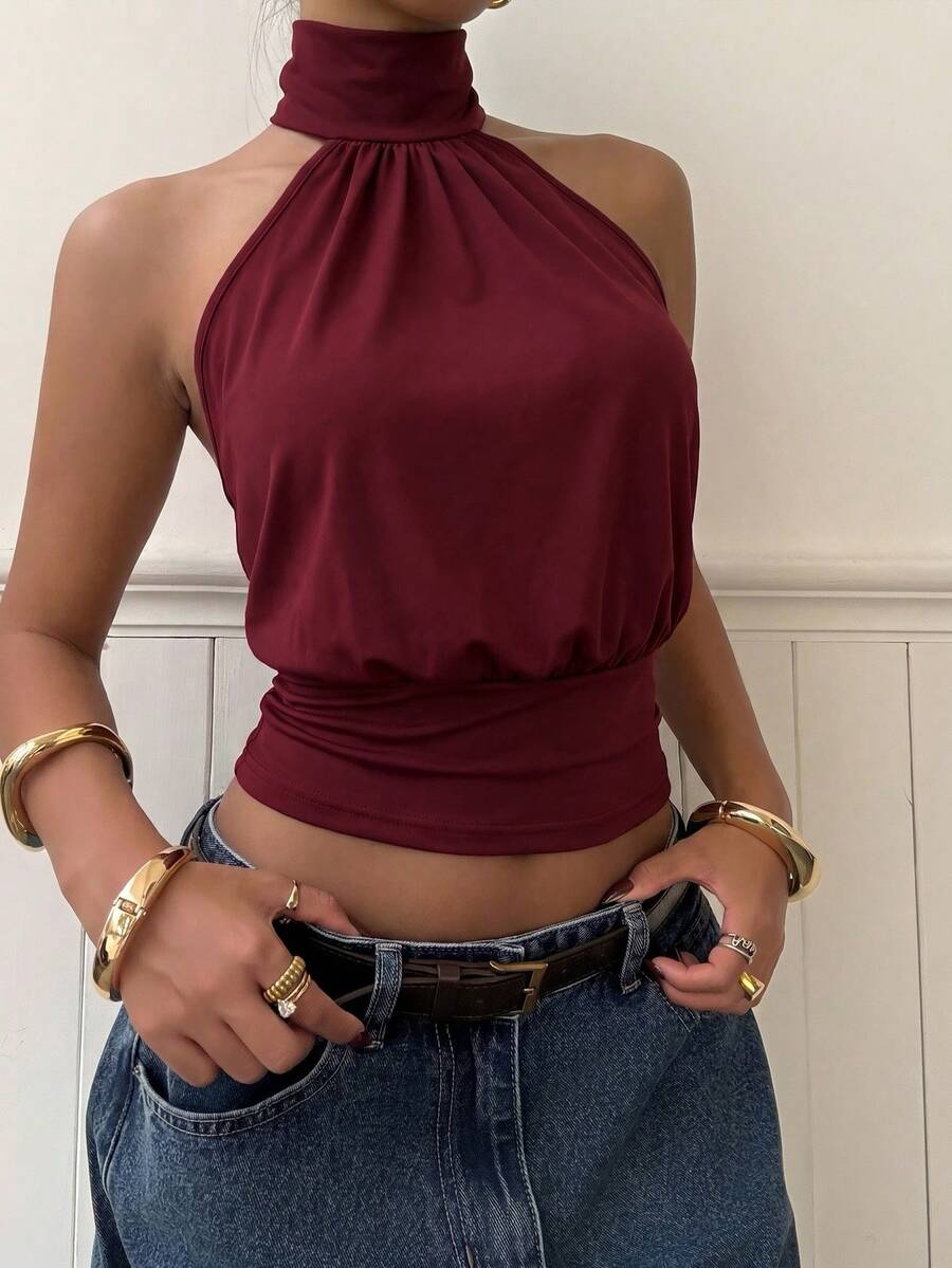 Muchica Wine Red Knit Halter Neck Women's Top - Burgundy - View 1