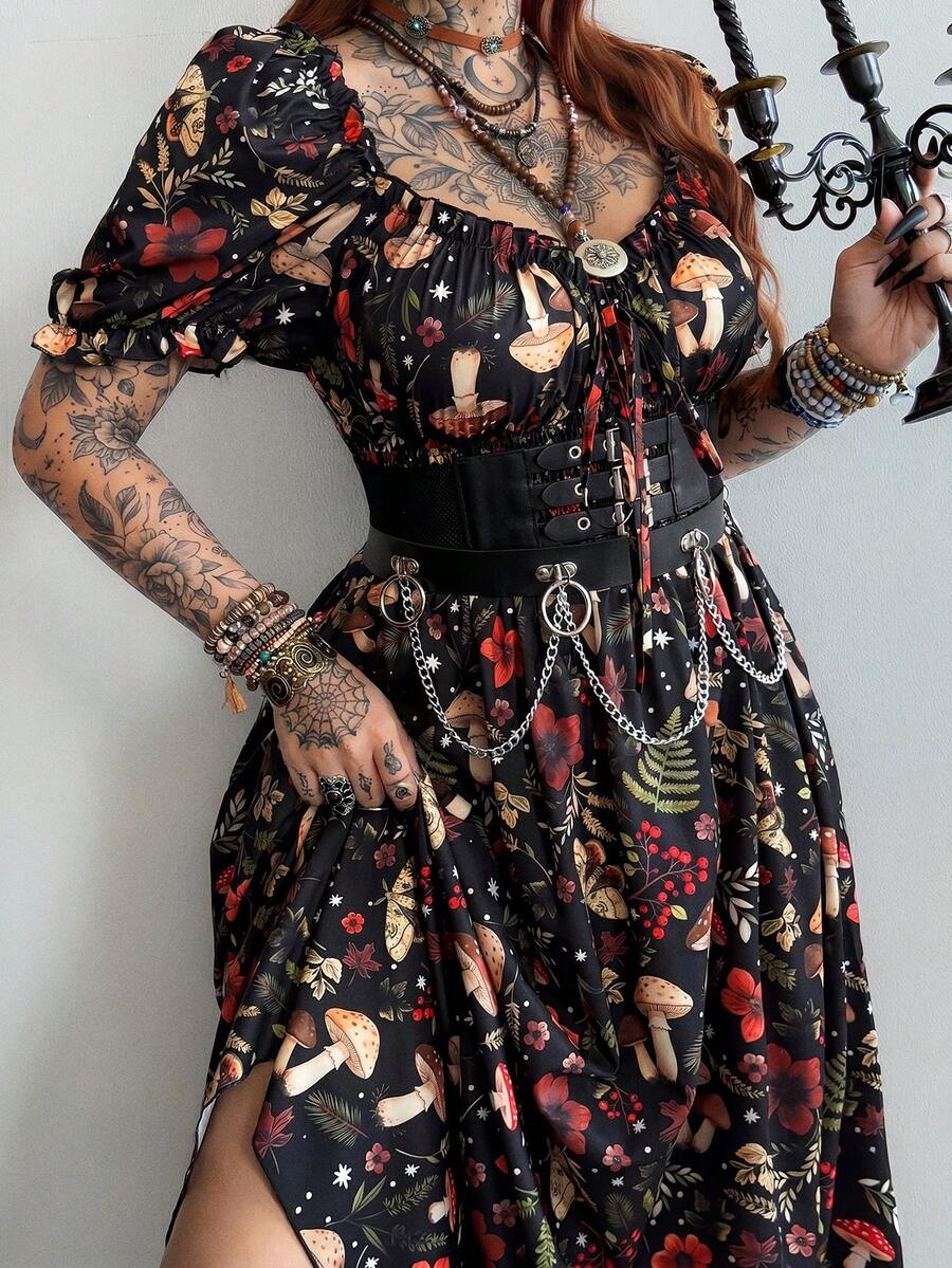 Whyspr Gaun Liburan Motif Jamur Gaya Punk Musim Semi/Panas Ukuran Besar dengan Bahu Terbuka - Hitam - View 1