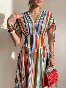 Structelle Red And White Stripe V-Neck Pleated Drawstring Shoulder Strap Flare Long Dress, Elegant Tropical Holiday Suitable For Spring And Summer Garden Party - Multicolor - View 4