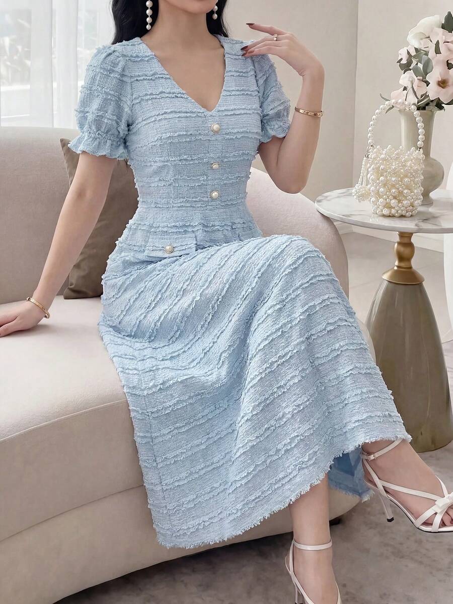 Feyla Women's Elegant Light Blue V Neck Short Dress With Puffed Sleeves And Button Detail