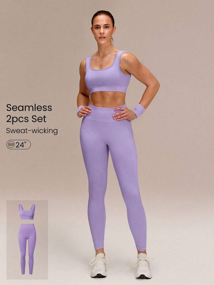 GLOWMODE Set Bra Olahraga Ultra Halus Lembut Tanpa Jahitan dengan Leher Persegi, Cup yang Dapat Dilepas, Bergaris di Bawah Dada, dan Legging Pengangkat Bokong 24" untuk Lari, Latihan, dan Gym. - Lilac Dream - View 1