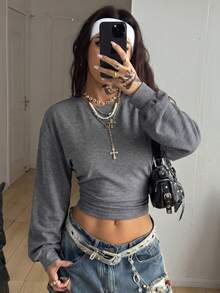 Coolane Women's Fall Back To School Basic Solid Color Pleated Asymmetrical Neck Long Sleeve Grey Sweatshirt - Dark Grey - View 5