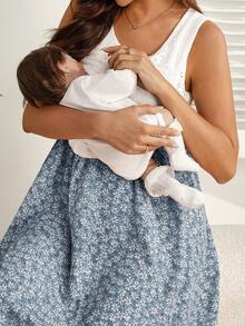 SHEIN Maternity Floral Print Colorblock Nursing Function Casual Daily Baby Shower Dress Summer - Blue - View 3