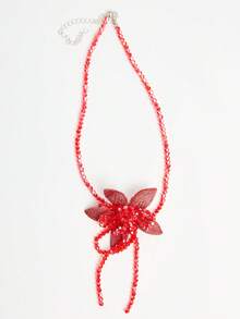 MUSERA 串珠粉色花朵吊墜項鍊 春夏海灘節慶度假可愛日常款 - 酒紅色 - 查看 2