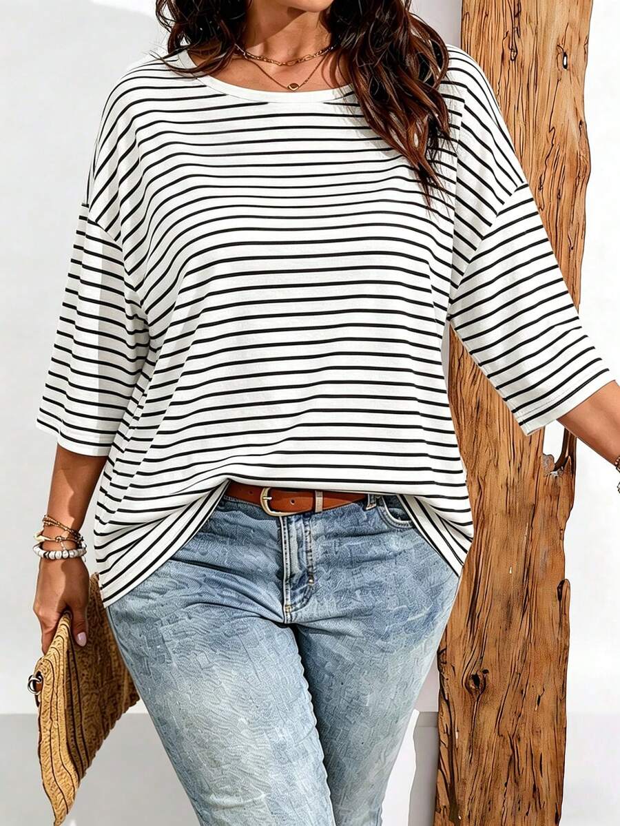 Breezaya Kaos Wanita Ukuran Besar Kasual Retro Motif Garis-garis Model Bahu Longgar, Cocok untuk Dipakai di Musim Panas - MultiWarna - View 1