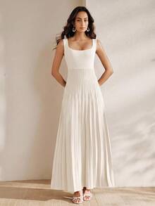 Anewsta Vestido de mujer de verano elegante de color liso de punto pesado con cuello bajo, ajustado, plisado y sin mangas - Blanco - Ver 6
