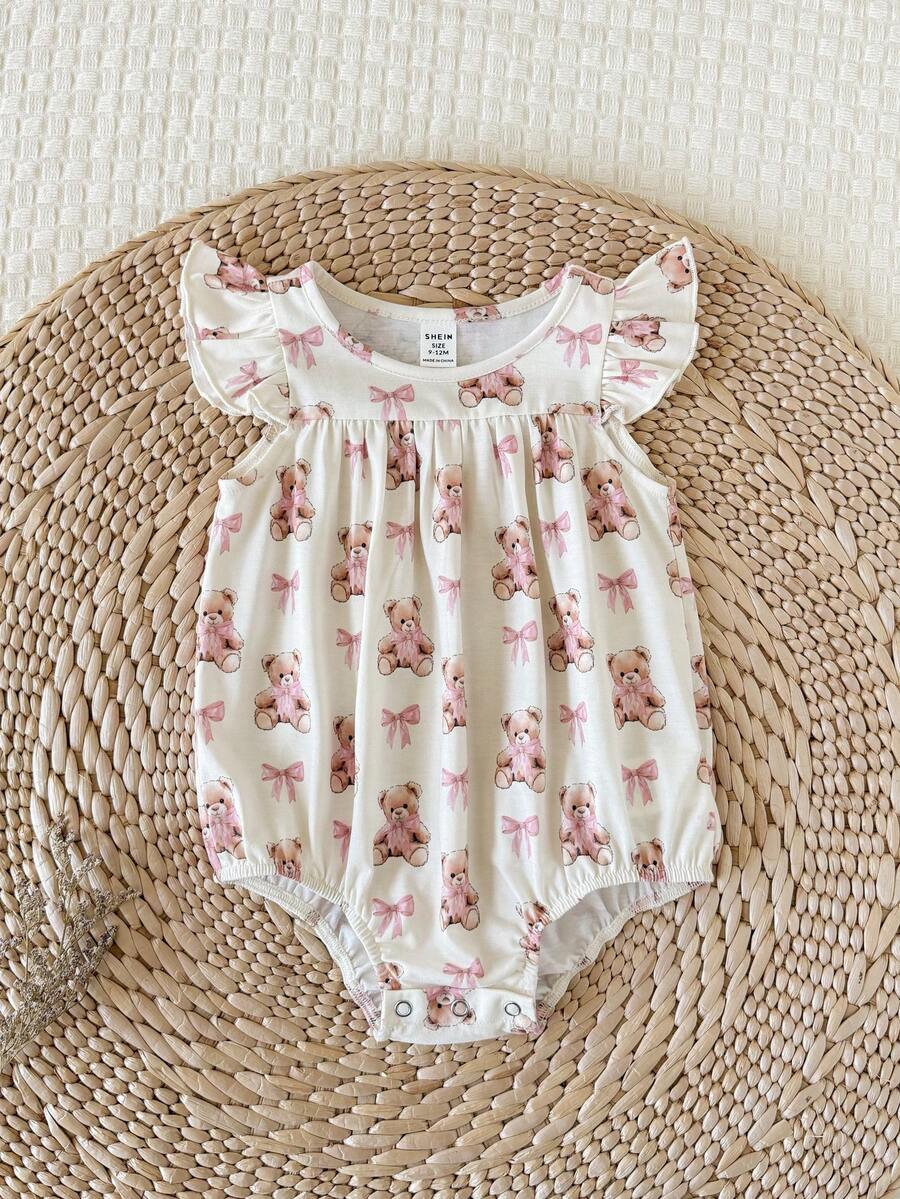 SHEIN LMoss Kids Bộ romper bé gái sơ sinh dễ thương mùa hè phong cách thường ngày họa tiết hoạt hình tay cánh dơi - Màu be - Xem 1