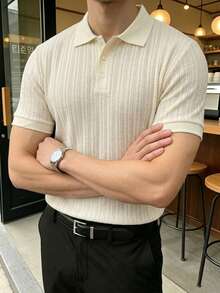 Core Aspect Men's Summer Short Sleeve Button-Up Solid Color Minimalist Polo Shirt - Apricot - View 3