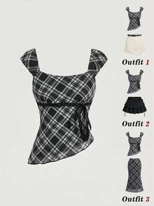 SHEIN MOD Women's Low Neck Top With Bow Ribbon Decor, Asymmetrical Diagonal Hem And Contrast Color Wavy Edge - Black - View 1