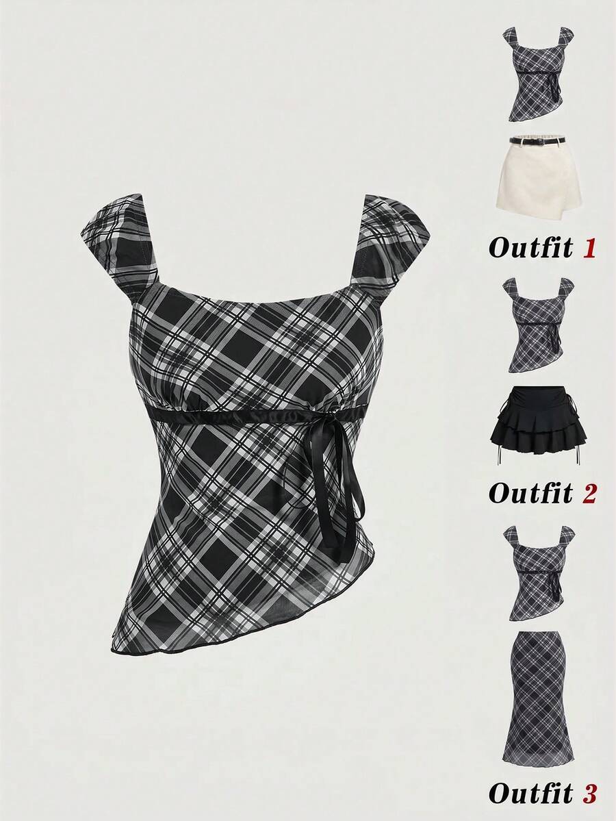 SHEIN MOD Women's Low Neck Top With Bow Ribbon Decor, Asymmetrical Diagonal Hem And Contrast Color Wavy Edge - Black - View 1