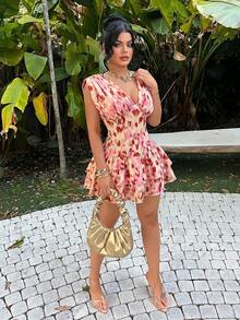 SHEIN SXY 女款優雅熱帶浪漫性感花卉印花度假蛋糕迷你洋裝 夜出聚餐派對 米色夏季粉色 - 彩色 - 查看 4