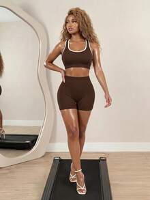 Dewbera Women Ribbed Trim Crop Tank Top And Shorts Set Brown Sports Bra Workout Two Pieces Athletic Yoga Setworkout - Coffee Brown - View 6